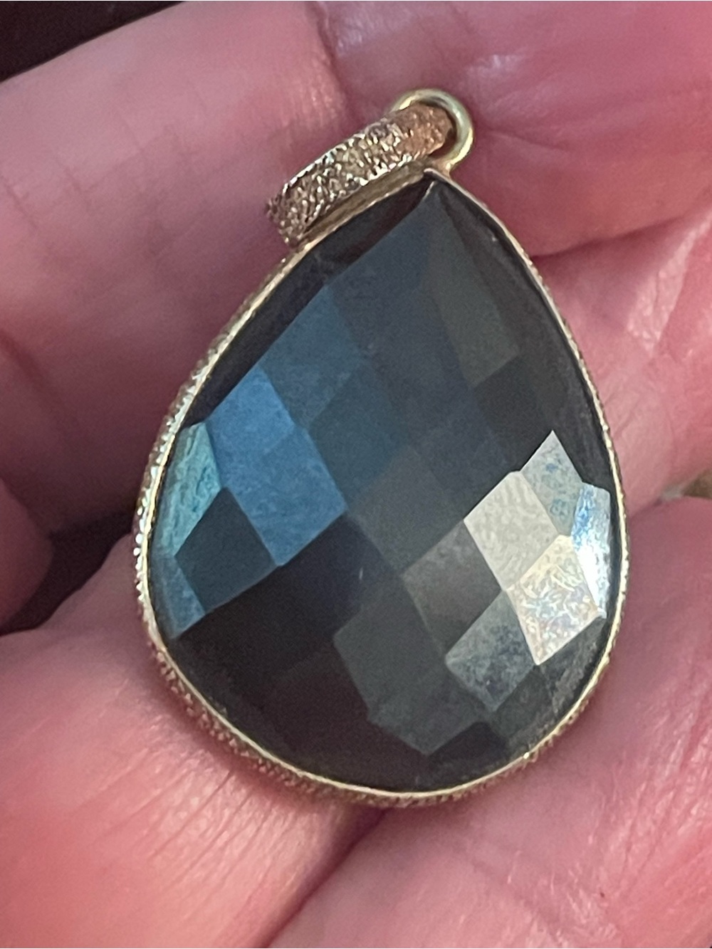 Gold-Trim Black Faceted Teardrop Pendant & key pendant put on a necklace